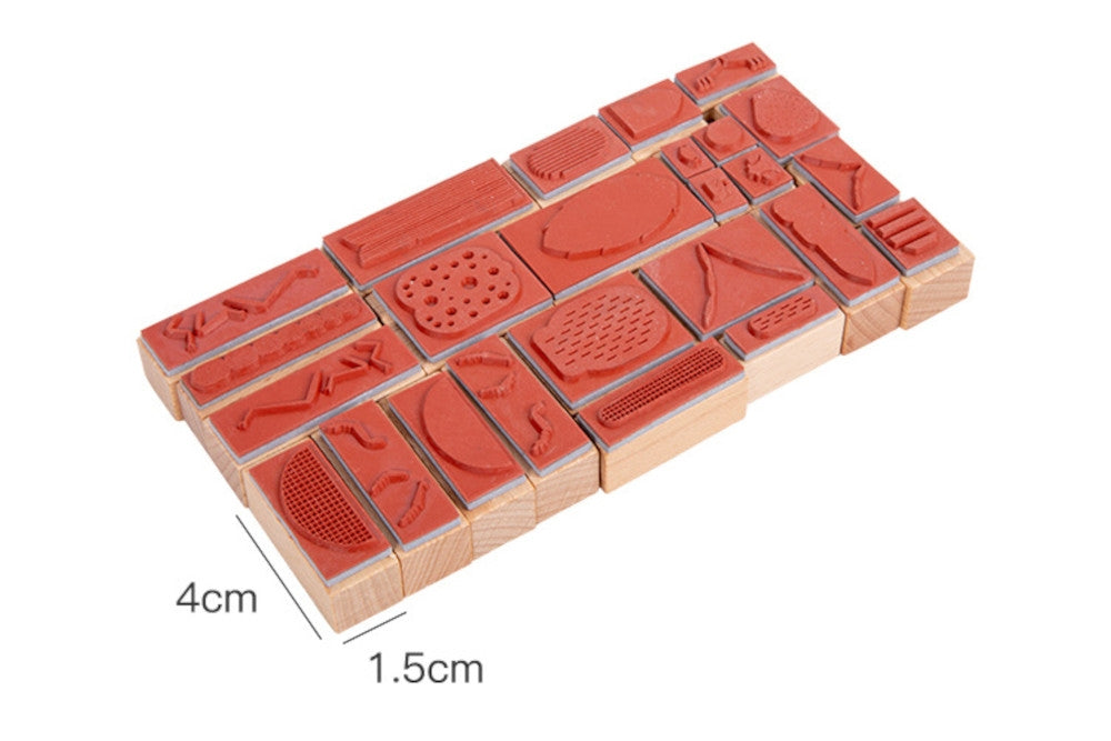 Rubber underside of every stamp. One particular stamp measures 4 cm x 1.5 cm.