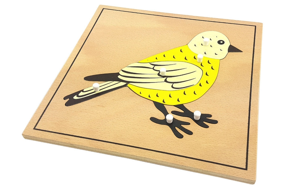 Yellow bird puzzle with pieces representing the head, body, wings, tail, and feet. Puzzle has a thin black border.