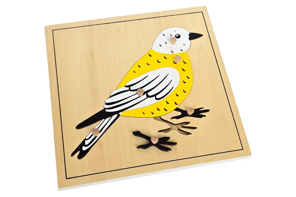 Bird puzzle with wooden knobs.