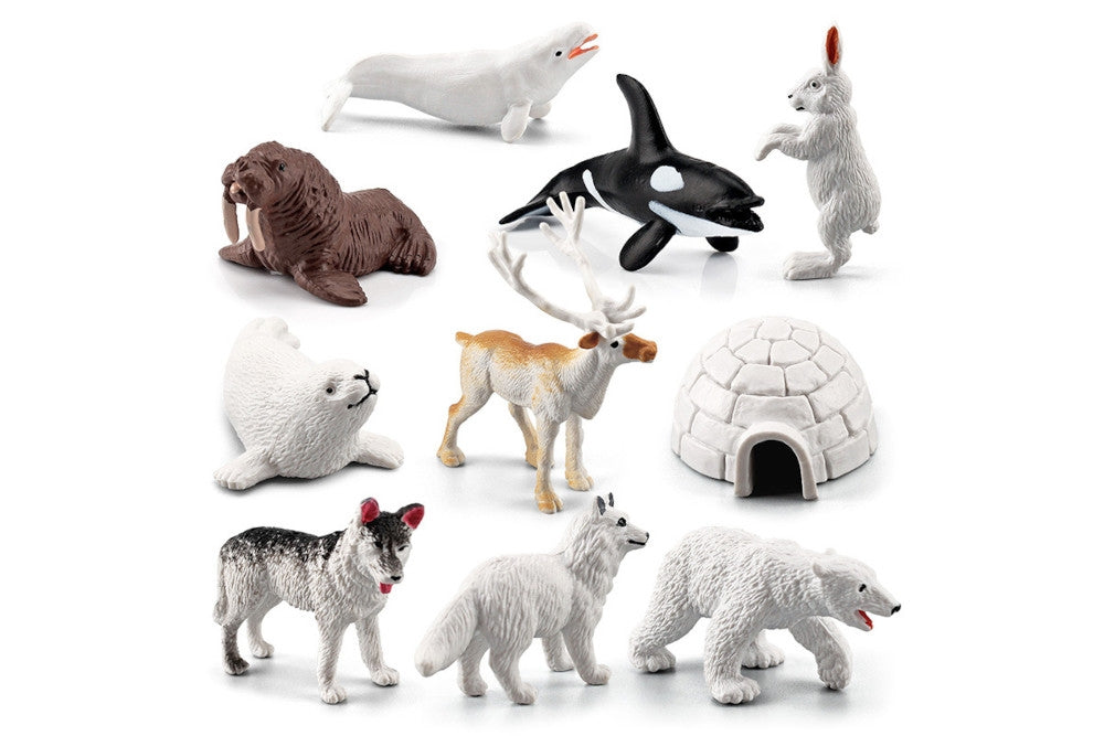 Arctic plastic models: Arctic hare, Arctic fox, husky, harp seal, killer whale, polar bear, walrus, beluga whale and caribou.