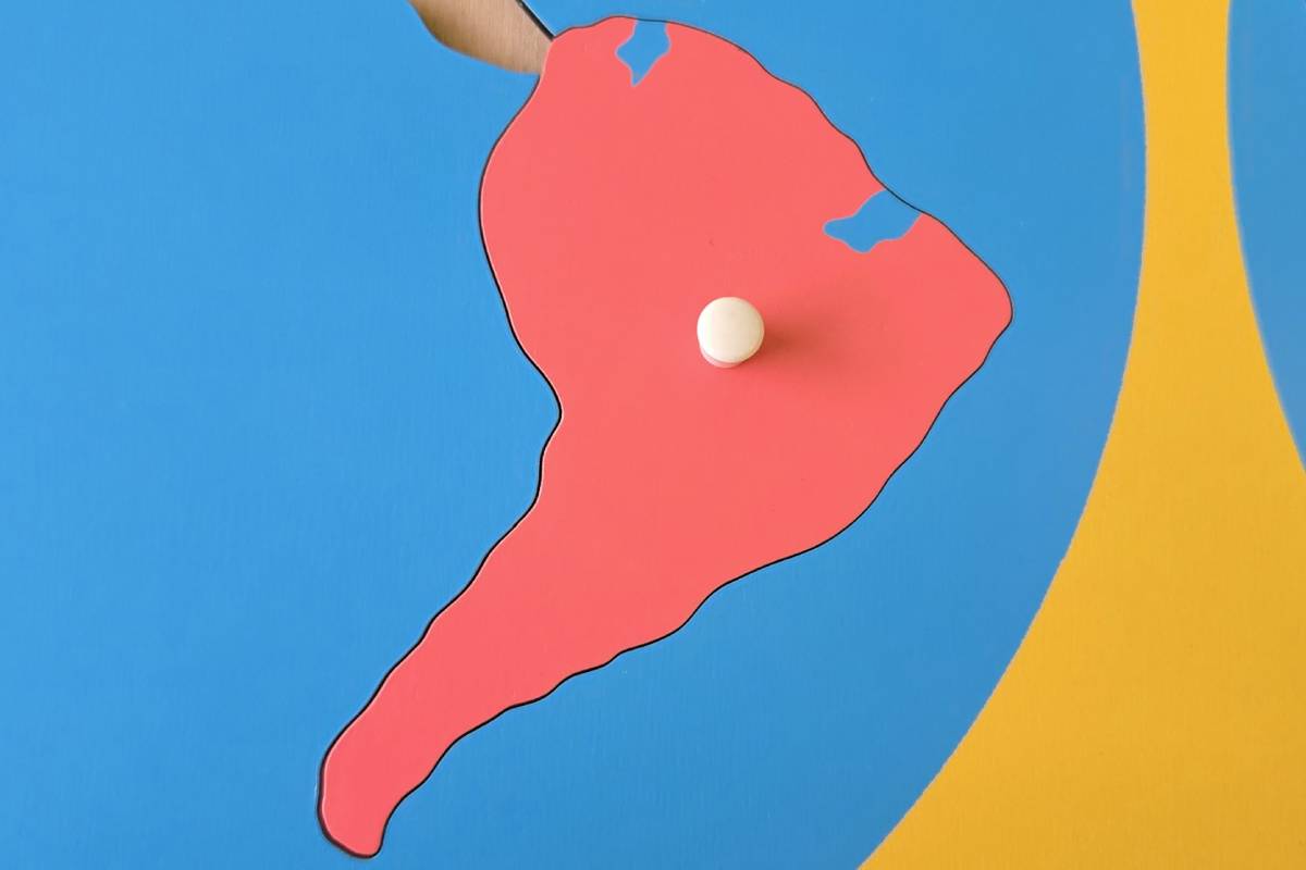 Pink piece representing South America.