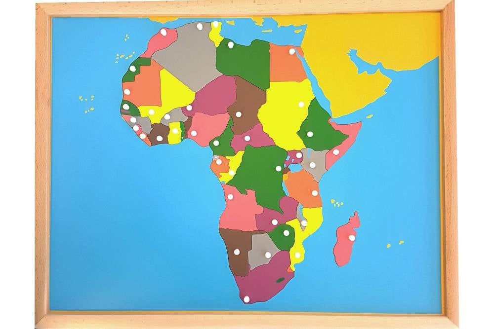 Puzzle map with pieces representing the countries of Africa in different colours. Each country's knob is positioned at its capital. The puzzle has a wooden frame.