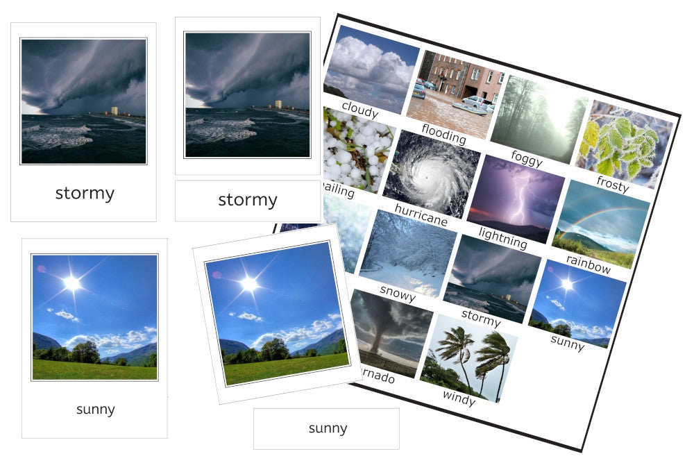 3-part cards depicting stormy and sunny weather overlaid on a control chart of all weather conditions.