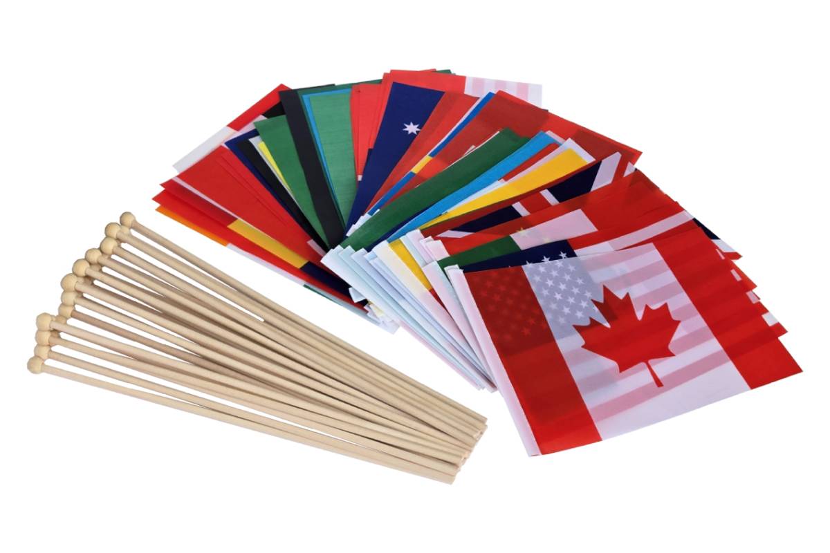 50 flags of countries from around the world with 50 wooden flagpoles. The flags of Canada, USA, and Mexico are on top.