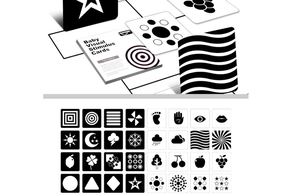 Black and white baby visual stimulus cards for ages 0-3 months. Cards depict a variety of patterns as well as basic shapes and objects.