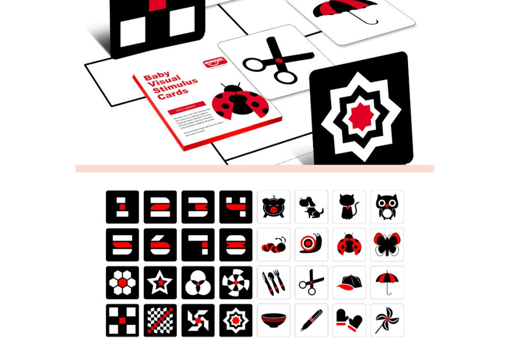 Red, black, and white baby visual stimulus cards for ages 3-6 months. Cards depict a variety of patterns as well as numbers and objects.