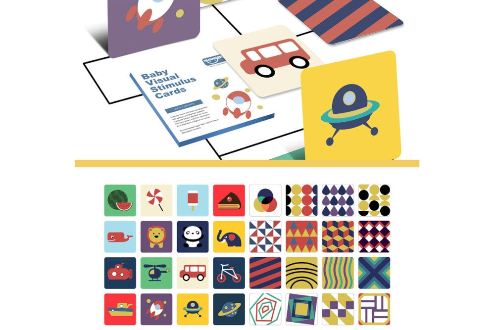 Colourful baby visual stimulus cards for ages 6-12 months. Cards depict a variety of patterns and objects.