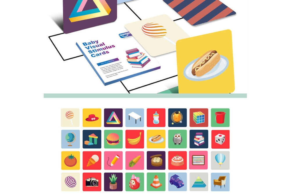 Colourful baby visual stimulus cards for ages 12-36 months. Cards depict a variety of patterns and objects.