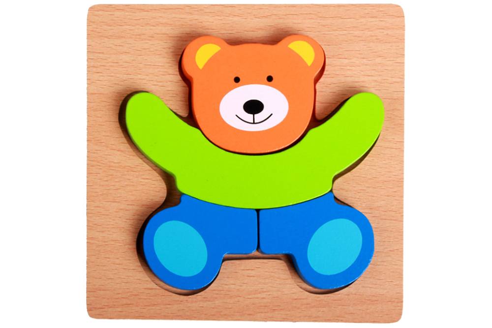 Colourful bear puzzle on a wooden base.