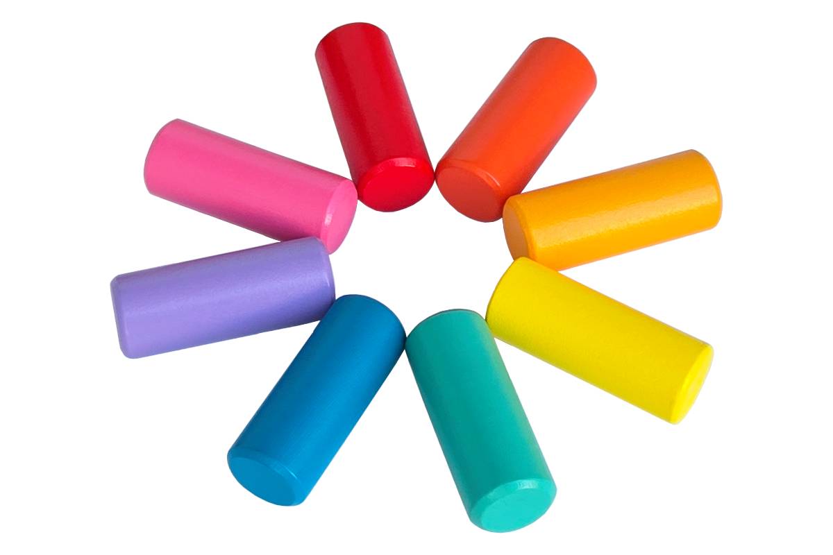Eight colourful wooden cylinders