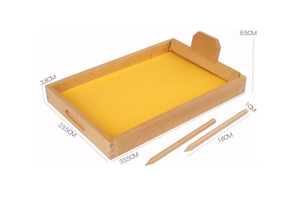 Sand tracing tray measures 23.5 cm x 8.5 cm x 3.8 cm. Pens measure 18 cm x 1 cm.