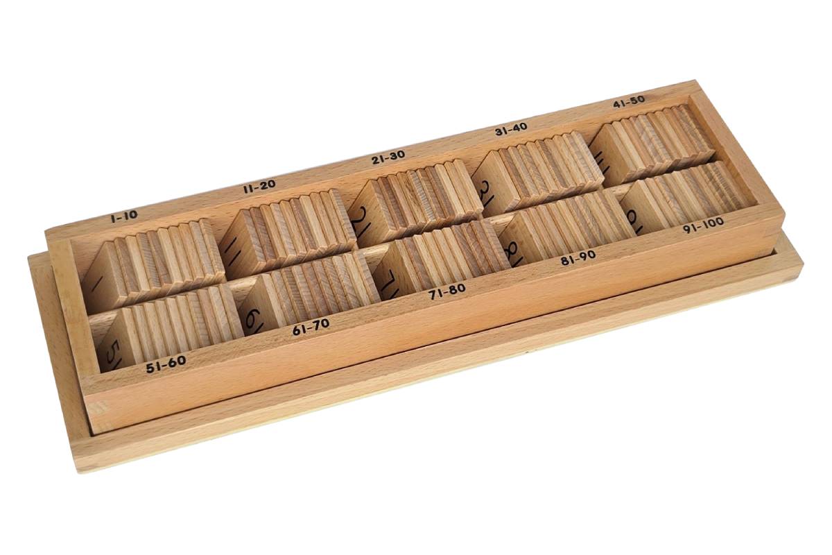 Numbered box for 1-100 tiles. Ten compartments labeled 1-10 and so on.