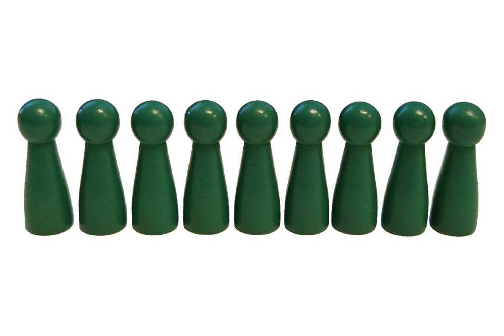 Nine green skittles for the Stamp Game.