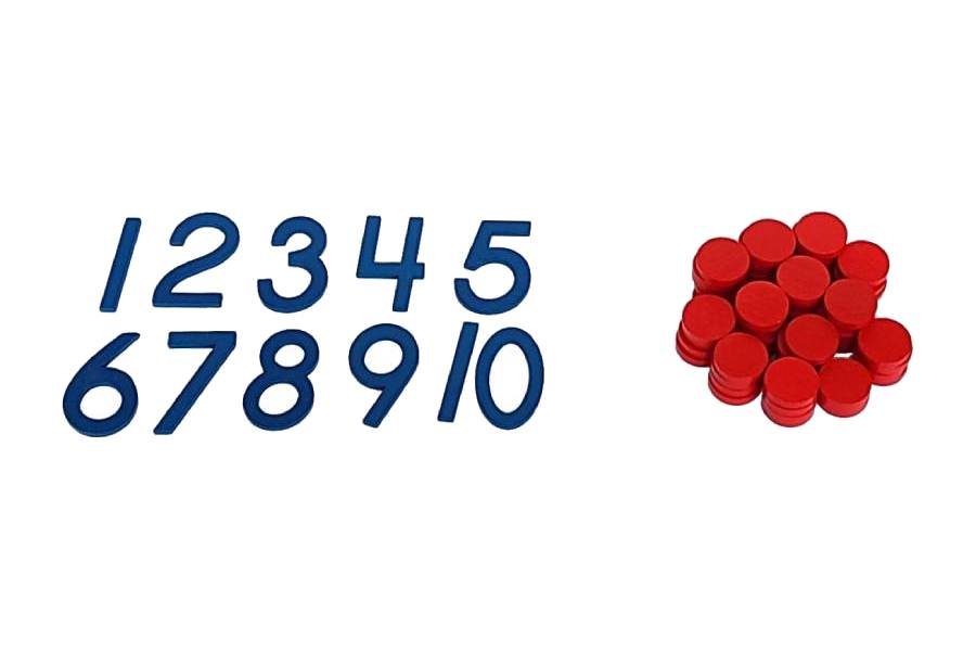 Wooden numerals and counters for the numbers 1-10 in blue and red respectively.