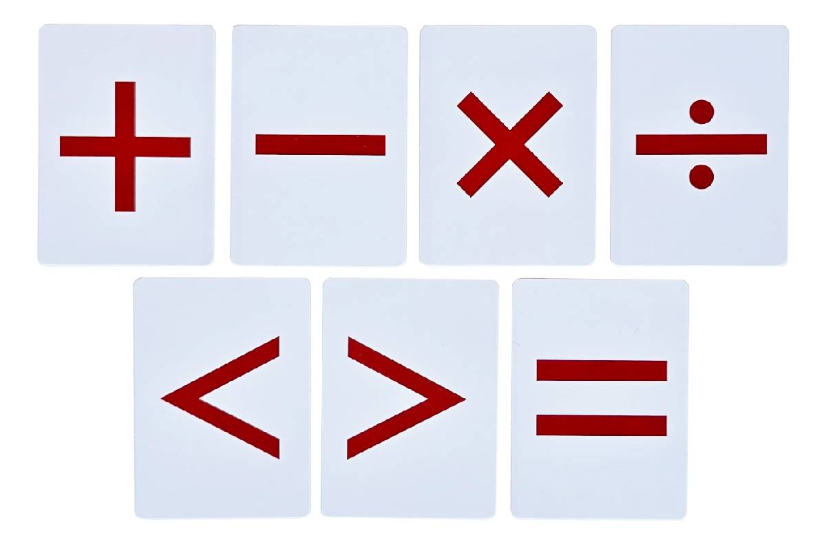 7 operation symbol cards: +, −, ×, ÷, <, >, =.