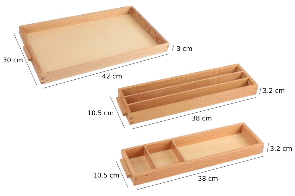 Three wooden trays: one for number cards, one for golden beads, and one for holding the full set.