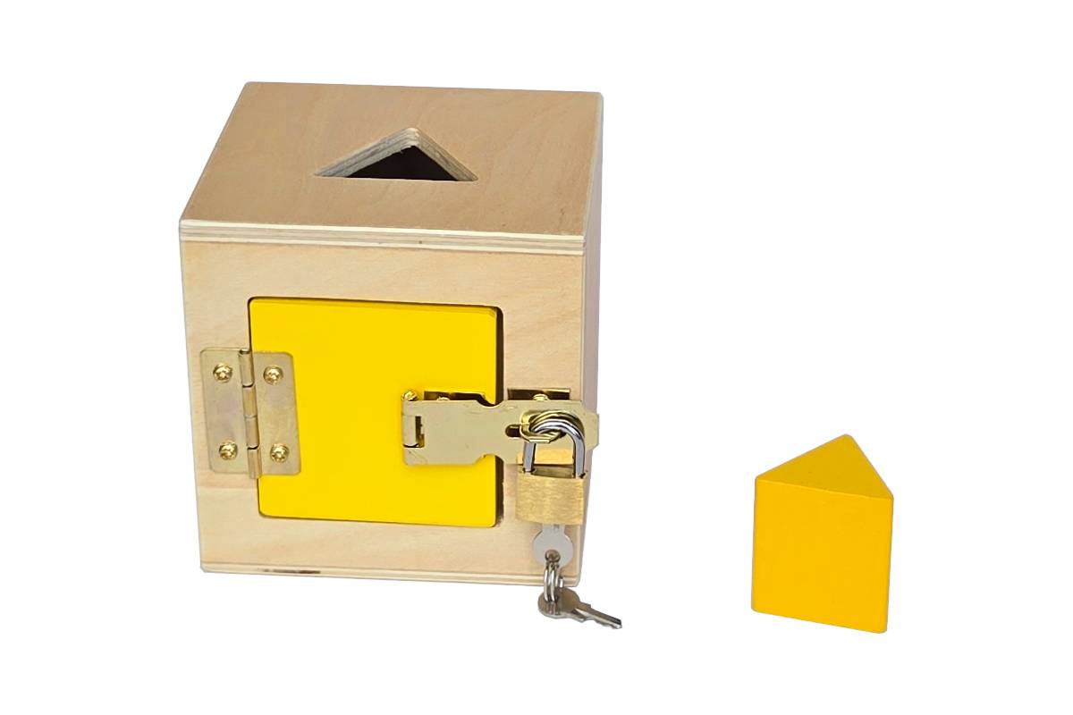 Yellow lock box with triangular prism.