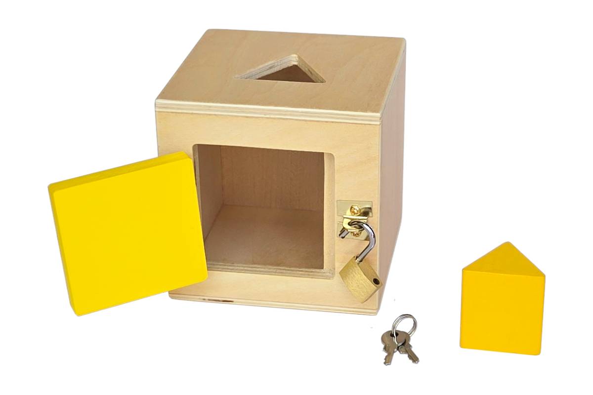 Yellow lock box with triangular prism. Door unlocks with padlock and key.