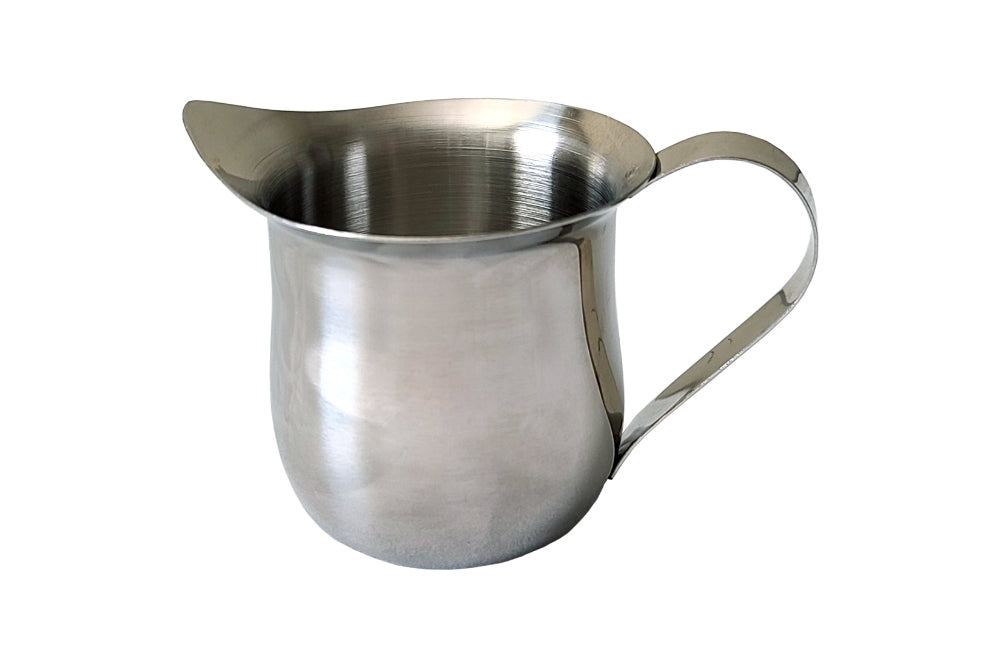 3 fl oz stainless steel milk pitcher with spout and handle.