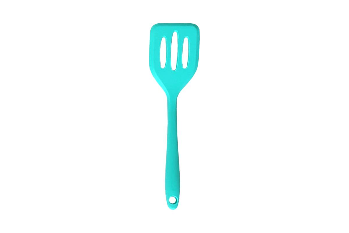 Turquoise silicone slotted turner.