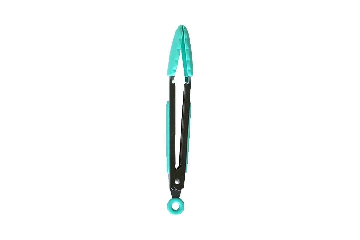 Stainless steel tongs with turquoise silicone grips.