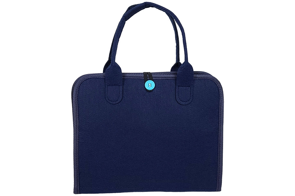 Felt bag, fastened shut with an elastic loop around a button. Handles can be used to carry the bag.