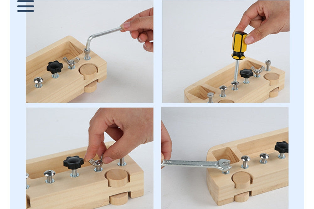 Demonstrating using a hex key with a hex screw, a screwdriver with a head screw, fingers with a butterfly screw, and a wrench with an outer hex screw.