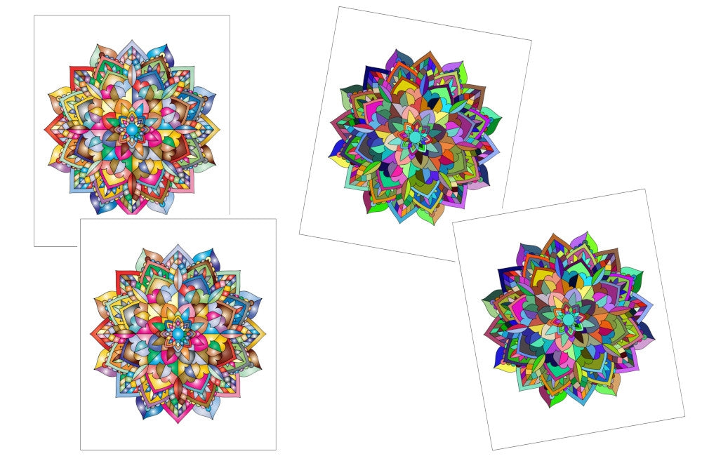 Four mandala matching cards with colourful patterns on them.