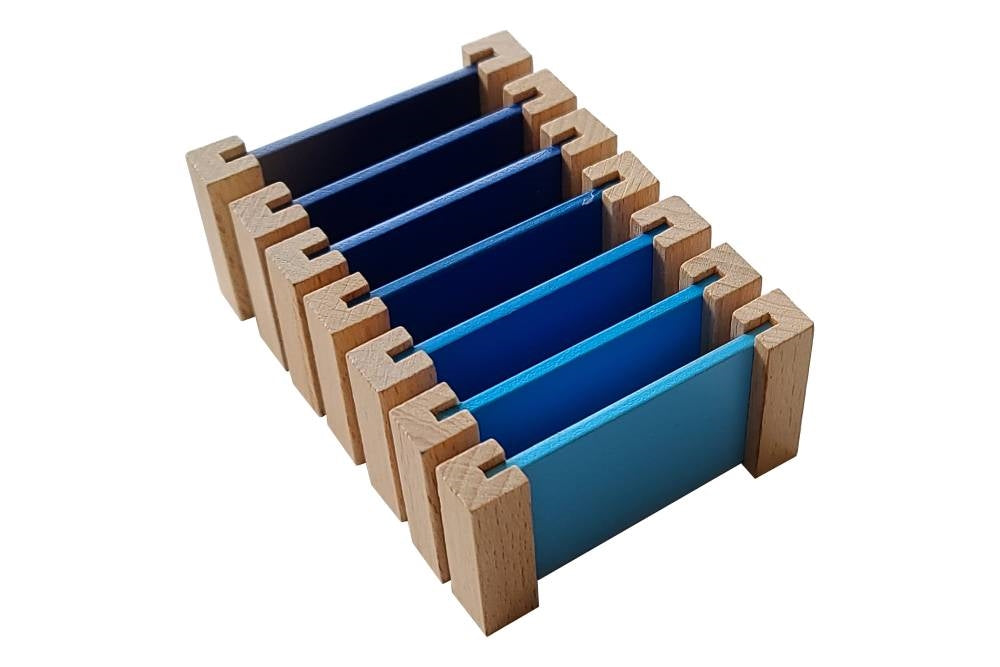 Seven replacement blue colour tablets for the third box in a gradient from lightest to darkest.