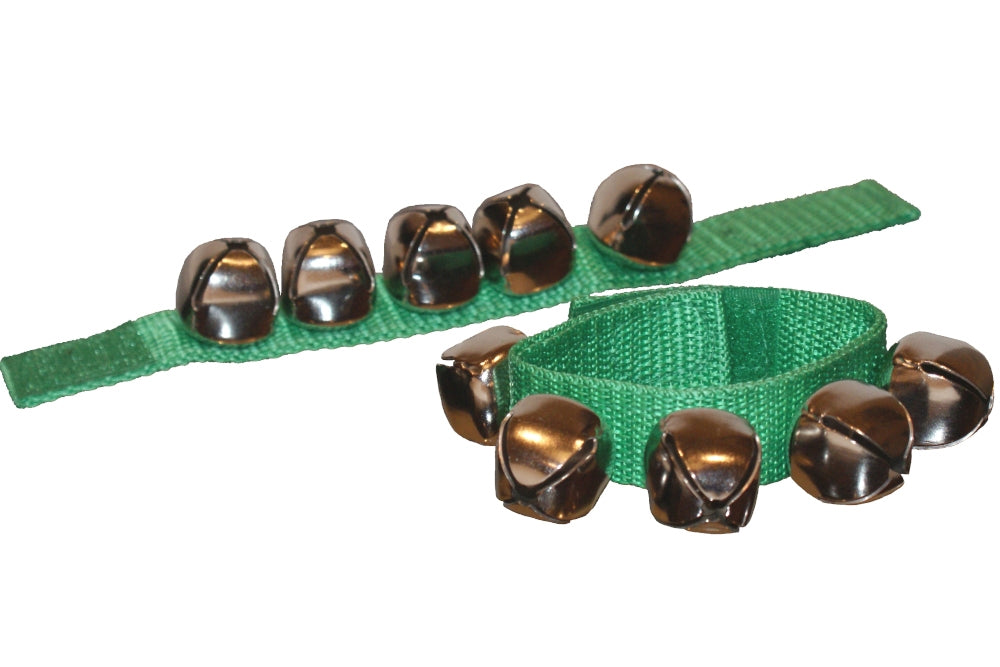 A pair of green bell straps for the ankles. Each strap has five bells.