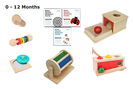 A collage of all the toys included in the 0-12 months bundle.
