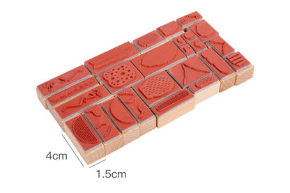 Rubber underside of every stamp. One particular stamp measures 4 cm x 1.5 cm.