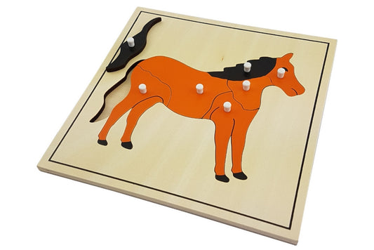 Horse puzzle with pieces representing the head, mane, neck, forelegs, body, hind legs, and tail. Puzzle has a thin black border.