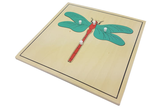 Dragonfly puzzle with pieces representing the head and thorax, wings, and abdomen. Puzzle has a thin black border.