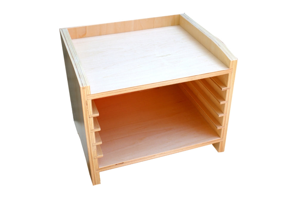 Wooden cabinet for five puzzles. A sixth puzzle can be put on top of the cabinet for display.