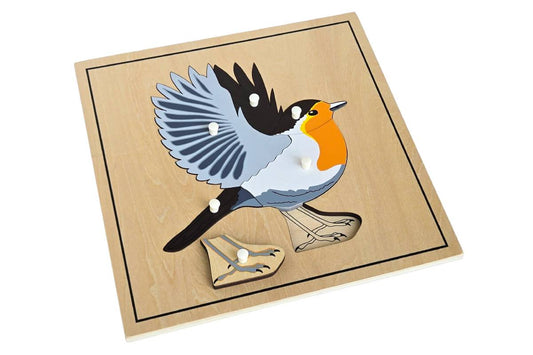 Wooden puzzle with pieces representing the parts of a bird. The feet are removed to reveal the skeleton beneath.