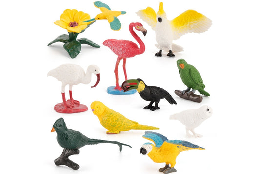 10 plastic bird models and 1 flower: cockatoo, flamingo, toucan, hummingbird, snowy owl, green parrot, American white ibis, parakeet, macaw and quetzal.