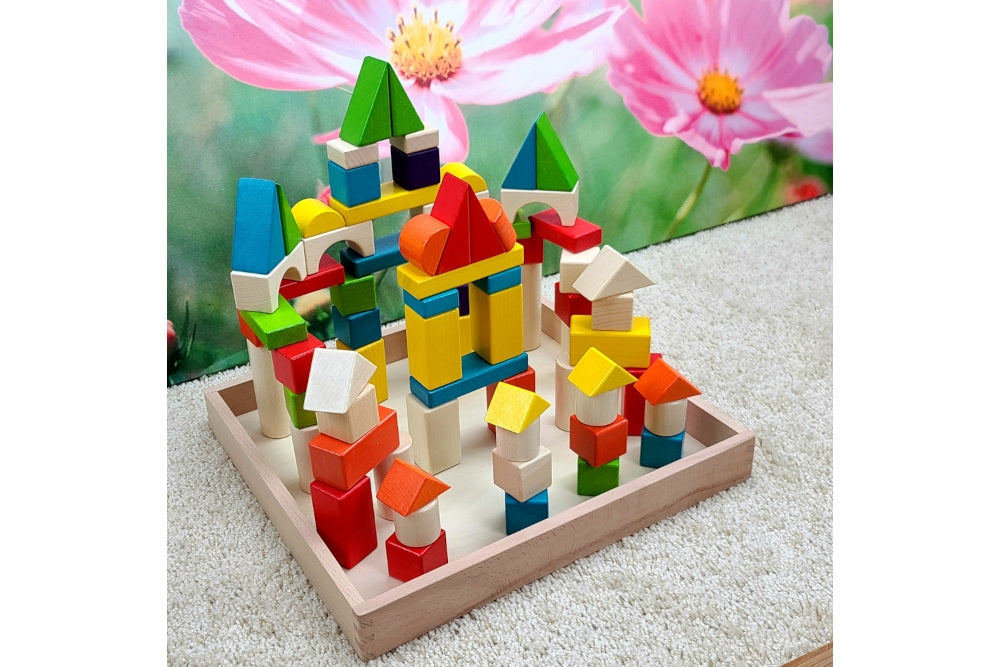 74 Colored Wood Building Blocks with Tray