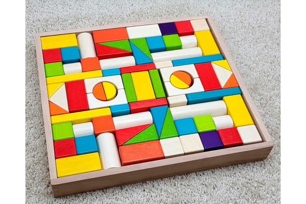 74 Colored Wood Building Blocks with Tray