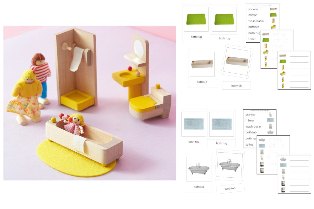 Yellow Bathroom Set, 3 Dolls & PDF Language Exercise Cards