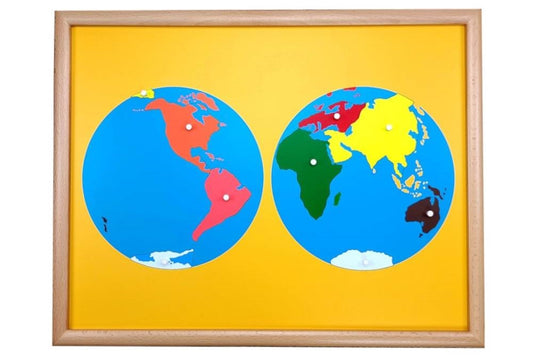 Puzzle map with pieces representing the world continents in different colours. The Earth is divided into two western and eastern hemispheres on a yellow background. The puzzle has a wooden frame.
