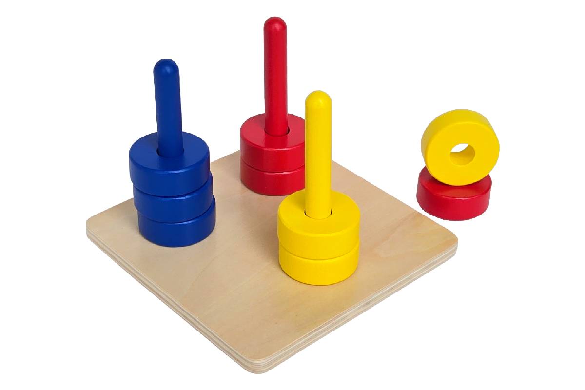 Colored Discs on 3 Colored Dowels