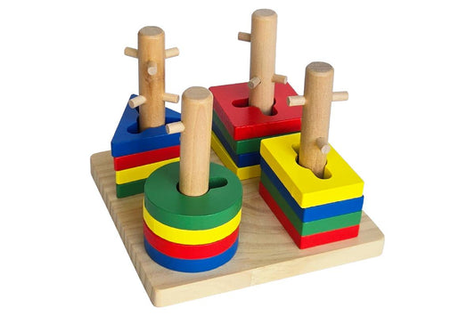 Wooden base with four dowels. Each dowel has four pieces of the same shape (circle, triangle, rectangle, square) in different colours (red, yellow, green, blue) on it. Dowels are shaped such that the pieces must be twisted on and off.