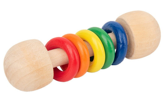Rattle with five rings in red, orange, yellow, green, and blue.