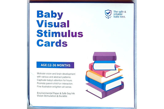 Baby visual stimulus cards for ages 12-36 months. Case depicts a stack of books.