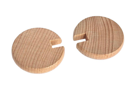 Two round wood pieces with a cut-out slot, showing natural wood grain