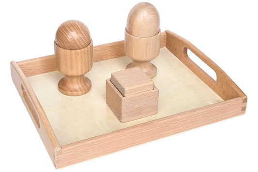 Wooden Ball, Egg, and Cube with Cups, Box and Tray