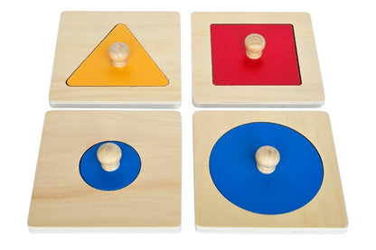 Set of four shape puzzles: small blue circle, large blue circle, yellow triangle, and red square.