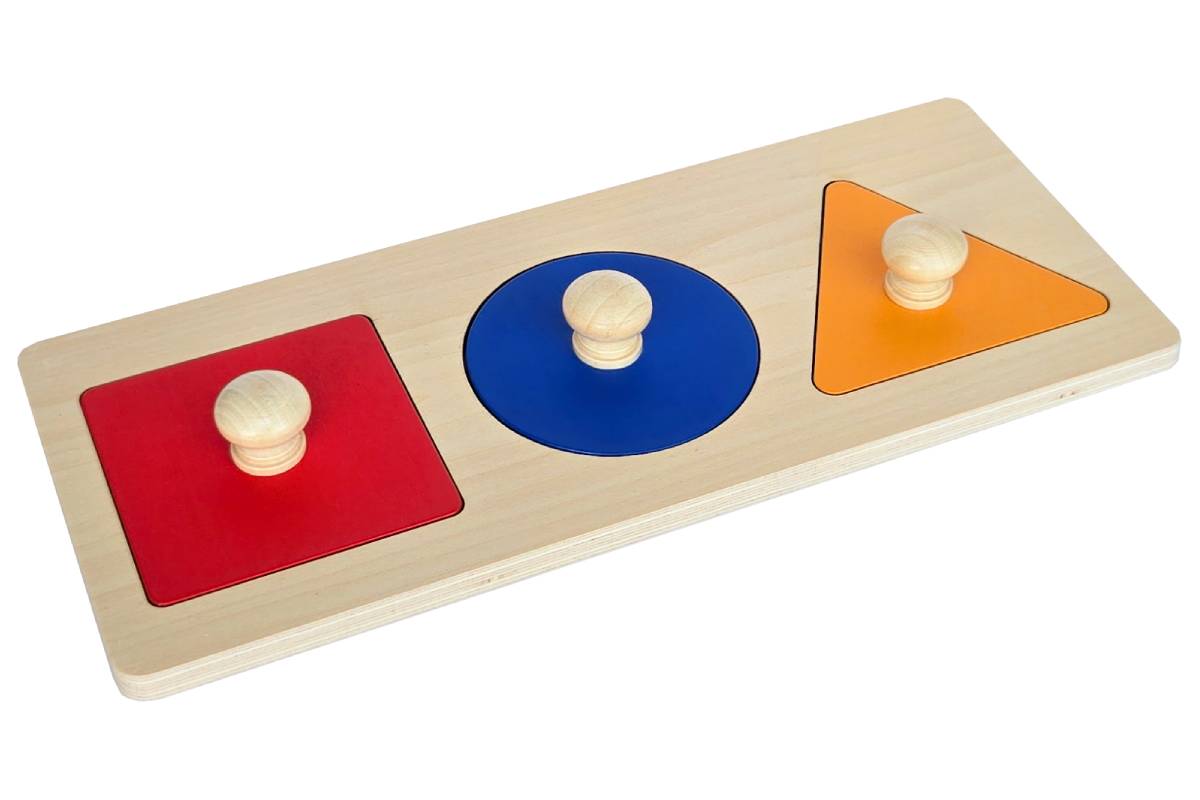 Rectangular wooden puzzle with a red square, blue circle, and orange triangle.