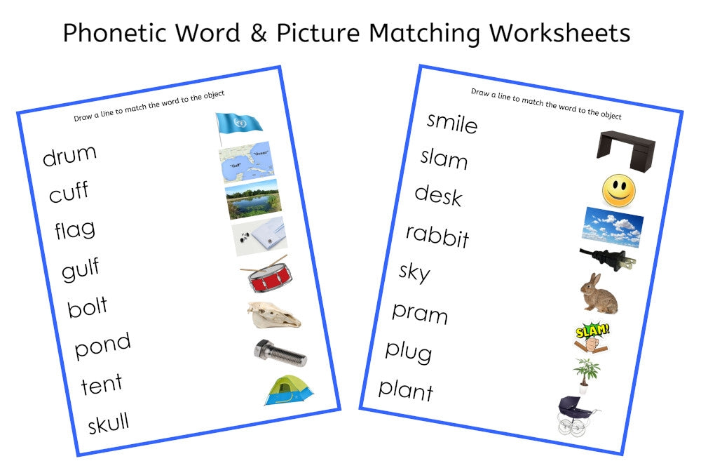 Blue Word and Picture Matching Worksheets (PDF)